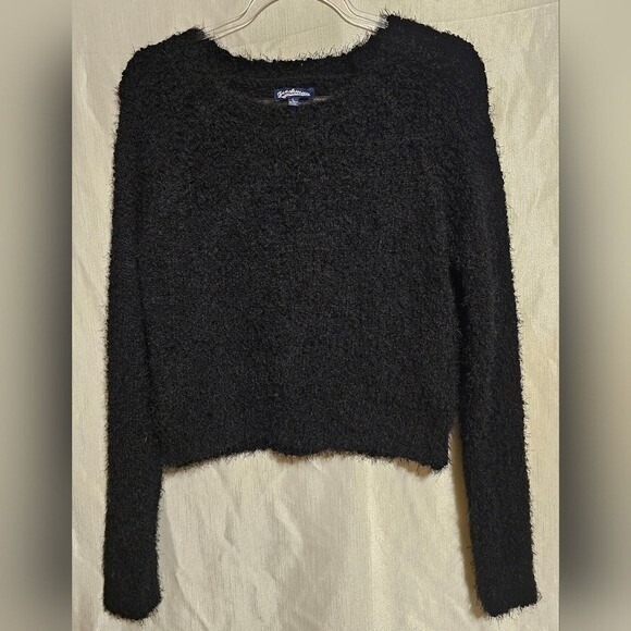 Freshman Sweaters - Freshman Fuzzy Knit Sweater - Long Sleeve, Cropped, Black, Size L